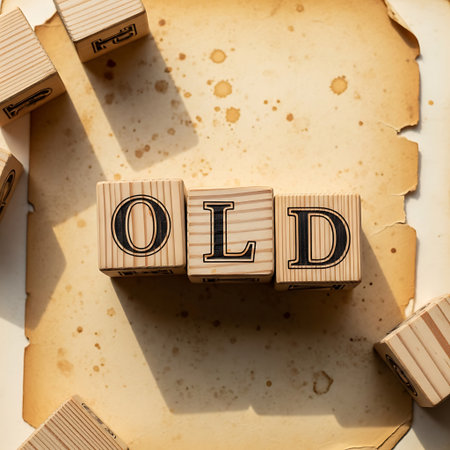 Wooden block spelling old on aged, stained parchment paperの素材