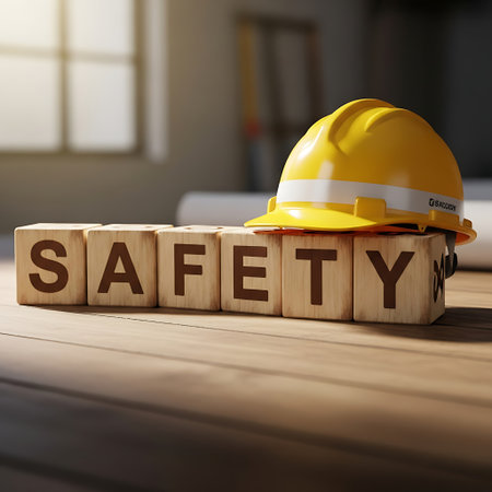 Yellow hard hat resting on wooden block spelling the word safetyの素材
