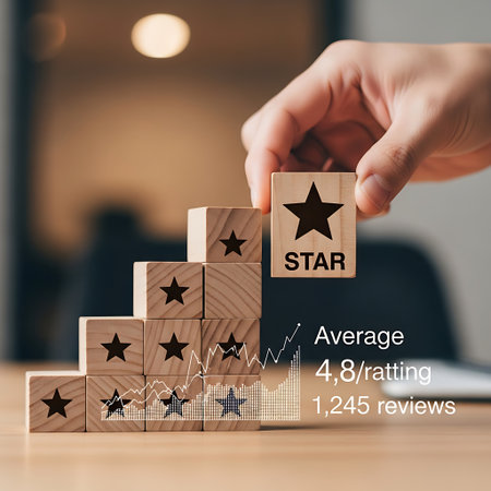 Hand placing wooden block with star to build rating staircaseの素材