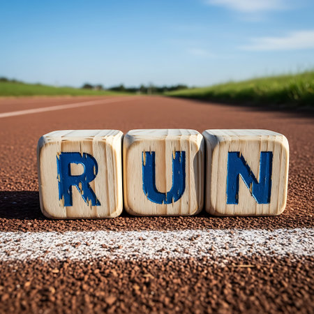Wooden block spelling run on a running track starting lineの素材