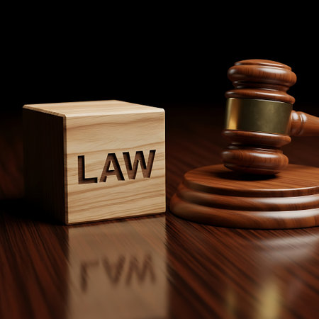 Wooden block with word law next to a judge gavel on deskの素材