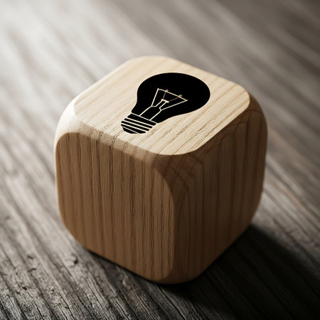 Wooden cube with a black light bulb symbol representing an ideaの素材