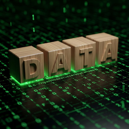 Wooden block spelling data on a glowing green digital backgroundの素材