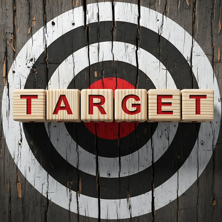 Wooden block spelling target on a weathered dartboard backgroundの素材