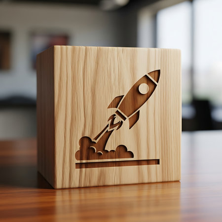 Wooden cube with laser engraved rocket launch symbol on tableの素材