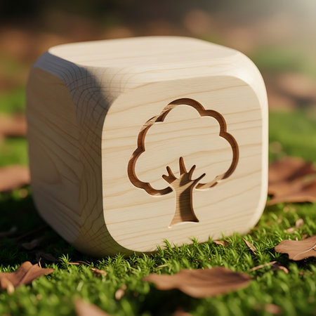 Wooden cube with tree symbol resting on green moss and fallen leafの素材