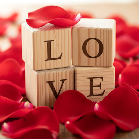 Wooden block spelling love surrounded by vibrant red rose petalsの素材