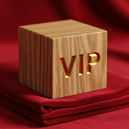 Wooden cube with engraved vip lettering on red fabricの素材