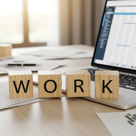 Wooden block spelling work on desk next to laptop computerの素材