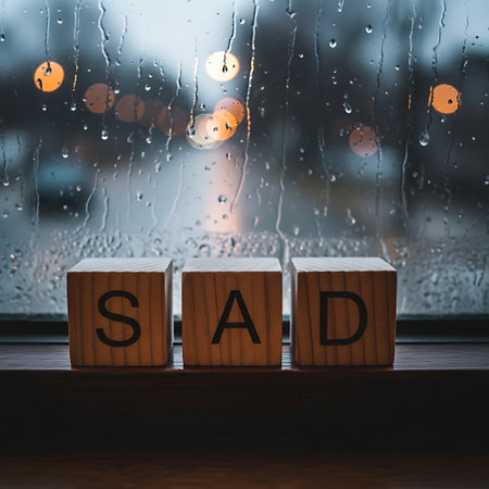 Wooden block spelling sad word on rainy window sill bokeh backgroundの素材