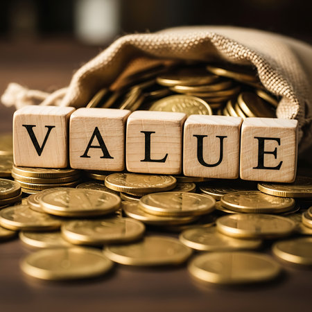 Wooden block spelling value with gold coin spilling from sackの素材