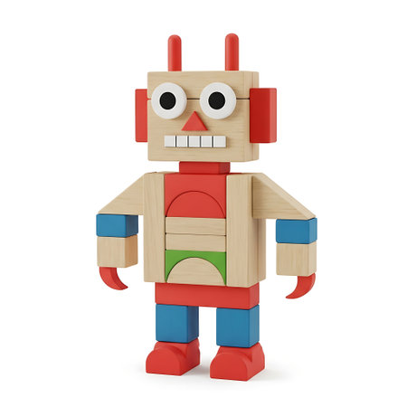 Wooden toy robot made of colorful building block pieces isolated on white backgroundの素材