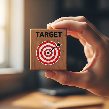 Hand holding wooden block with target symbol and word targetの素材