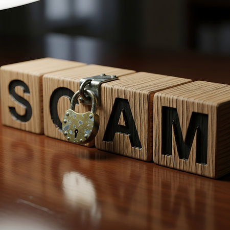 Wooden block spelling scam with a padlock securing the lettersの素材