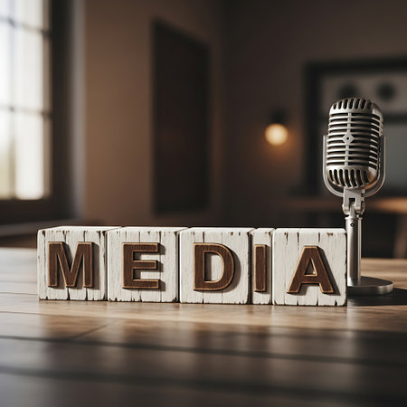 Wooden block spelling media next to vintage microphone on tableの素材