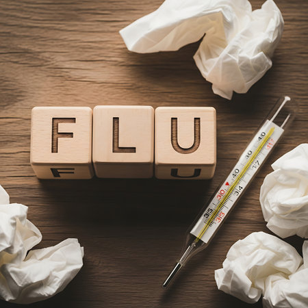 Wooden block spelling flu next to thermometer and used tissueの素材