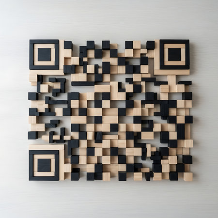 Wooden qr code art decoration made of black and beige blockの素材