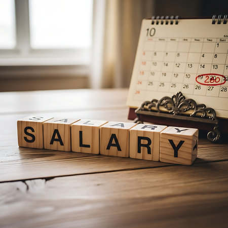 Wooden block spelling salary next to calendar with date circledの素材