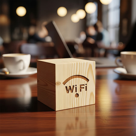 Wooden block with wifi symbol on cafe table with coffee cupsの素材