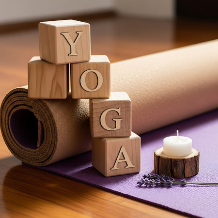 Wooden yoga blocks spelling yoga next to candle and matの素材
