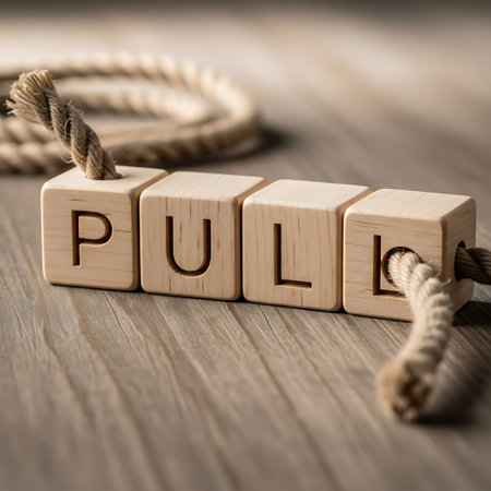 Wooden block spelling pull with rope threaded through on wood surfaceの素材