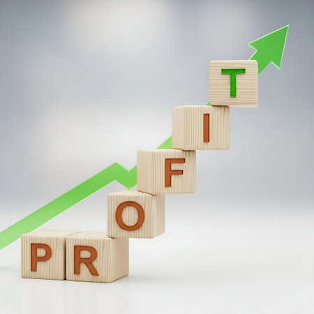Wooden block spelling profit with green arrow showing growthの素材