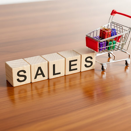 Miniature shopping cart with gift box on wooden table spelling salesの素材