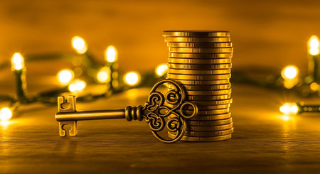 Antique skeleton key resting against a stack of gold coins with warm lightsの素材