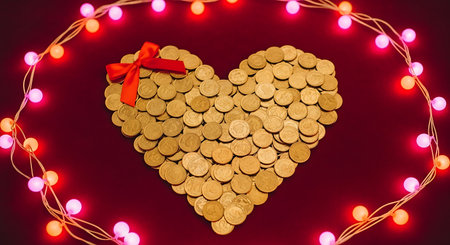 Heart shape made of gold coin with red ribbon and light garlandの素材
