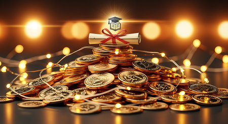Graduation diploma scroll on pile of gold coin with bokeh lightの素材