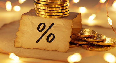 Stack of gold coin with percentage sign on aged paper backgroundの素材