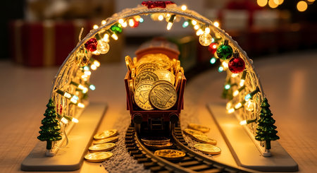Christmas toy train carrying gold coin treasure under arch lightの素材