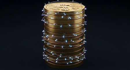 Stack of golden bitcoin coins wrapped with glowing string lightsの素材