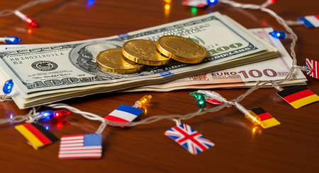 Stack of us dollar bills with gold coin and international flag light stringの素材