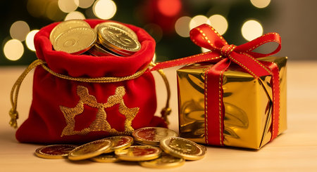 Red velvet bag full of gold coin next to a shiny gift boxの素材