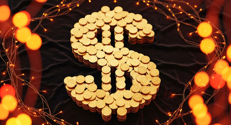 Golden dollar sign made of coin stack surrounded by warm bokeh lightの素材
