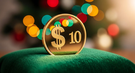 Golden ten dollar coin resting on green velvet with bokeh lightsの素材