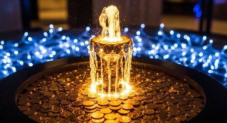 Illuminated water fountain with gold coins and blue light bokehの素材