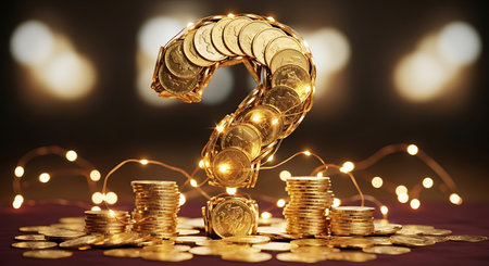 Golden question mark made of coins with sparkling light stringの素材