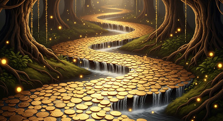 Enchanted golden path winding through a magical forest at nightの素材