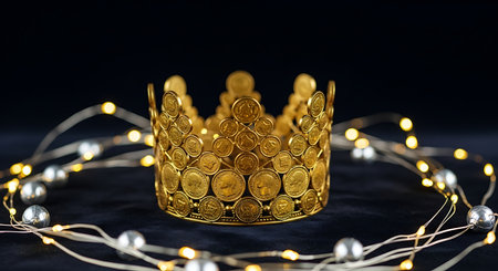 Golden crown surrounded by delicate string of pearls and lightの素材