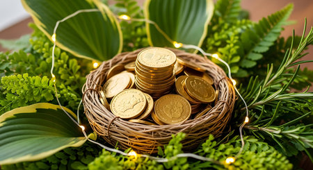 Gold coin nest surrounded by green plant foliage and fairy lightの素材