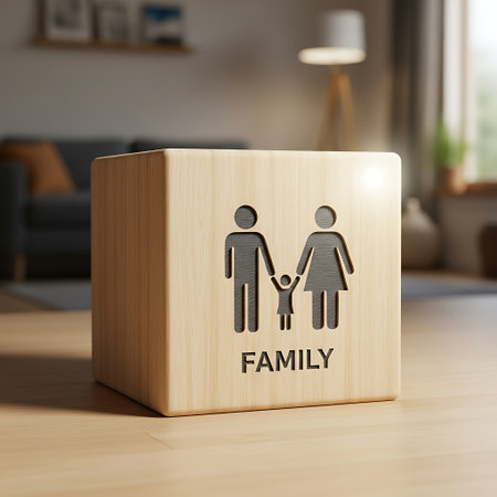 Wooden block with engraved family icon and word family inside homeの素材