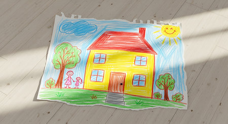 Childs colorful crayon drawing of a house and family on floorの素材
