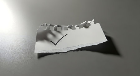 Torn paper scrap with a check mark shadow on gray surfaceの素材