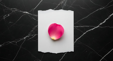 Single vibrant pink rose petal resting on torn white paperの素材