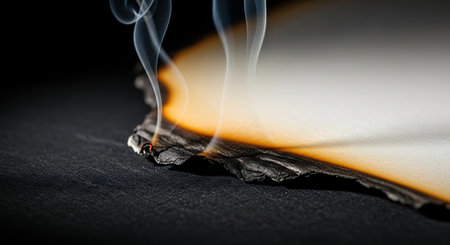 Close up of paper burning with smoke rising against dark backgroundの素材