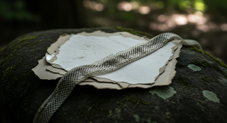 Snake skin shedding on a piece of paper resting on a rockの素材