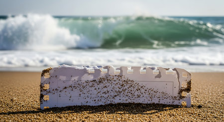 Plastic pollution on beach sand with ocean wave crashing in backgroundの素材