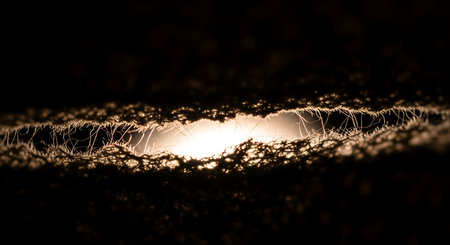 Abstract glowing light source seen through a dark, textured openingの素材